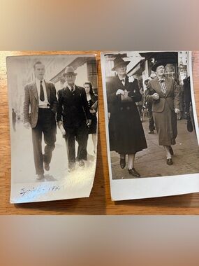 RPPC Well Dressed Couple Postcard Man Woman City Street View “ Spring 1941”